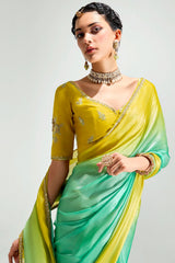 Yellow and Light Green Organza Plain Saree with Sequin Work