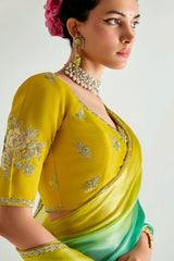 Yellow and Light Green Organza Plain Saree with Sequin Work