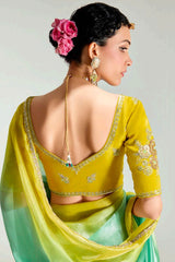 Yellow and Light Green Organza Plain Saree with Sequin Work