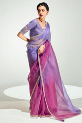 Light Purple and Pink Organza Tissue Plain Saree with Lace Work