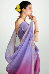 Light Purple and Pink Organza Tissue Plain Saree with Lace Work
