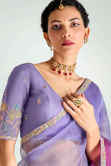 Light Purple and Pink Organza Tissue Plain Saree with Lace Work