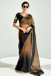 Brown and Black Organza Tissue Plain Saree with Embroidered Lace Work