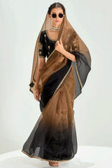 Brown and Black Organza Tissue Plain Saree with Embroidered Lace Work