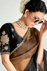 Brown and Black Organza Tissue Plain Saree with Embroidered Lace Work
