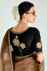 Brown and Black Organza Tissue Plain Saree with Embroidered Lace Work