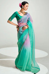 Light Green and Light Pink Organza Tissue Plain Saree with Lace Work