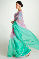 Light Green and Light Pink Organza Tissue Plain Saree with Lace Work