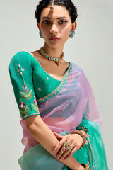 Light Green and Light Pink Organza Tissue Plain Saree with Lace Work
