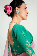 Light Green and Light Pink Organza Tissue Plain Saree with Lace Work