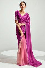 Magenta and Light Pink Organza Tissue Plain Saree with Embroidered Lace