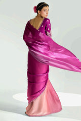 Magenta and Light Pink Organza Tissue Plain Saree with Embroidered Lace