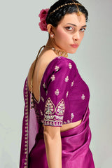 Magenta and Light Pink Organza Tissue Plain Saree with Embroidered Lace
