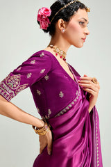 Magenta and Light Pink Organza Tissue Plain Saree with Embroidered Lace