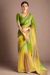 Olive Green and Multi Color Organza Tissue Plain Sequinned Border Saree