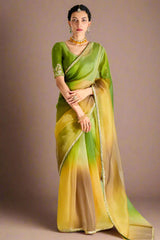Olive Green and Multi Color Organza Tissue Plain Sequinned Border Saree