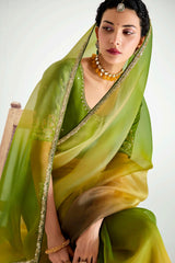 Olive Green and Multi Color Organza Tissue Plain Sequinned Border Saree