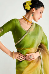 Olive Green and Multi Color Organza Tissue Plain Sequinned Border Saree