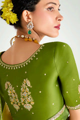 Olive Green and Multi Color Organza Tissue Plain Sequinned Border Saree