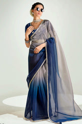 Grey and Dark Blue Organza Plain Saree with Sequin Embroidered Lace