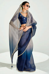 Grey and Dark Blue Organza Plain Saree with Sequin Embroidered Lace