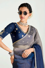 Grey and Dark Blue Organza Plain Saree with Sequin Embroidered Lace