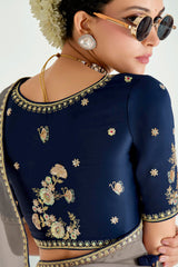 Grey and Dark Blue Organza Plain Saree with Sequin Embroidered Lace