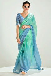 Light Green and Blue Organza Plain Saree with Sequin Embroidered Lace