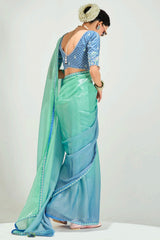 Light Green and Blue Organza Plain Saree with Sequin Embroidered Lace