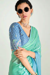 Light Green and Blue Organza Plain Saree with Sequin Embroidered Lace