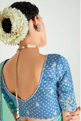 Light Green and Blue Organza Plain Saree with Sequin Embroidered Lace