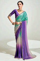 Green and Purple Organza Plain Saree with Sequin Embroidered Lace