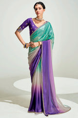 Green and Purple Organza Plain Saree with Sequin Embroidered Lace