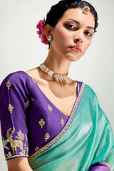 Green and Purple Organza Plain Saree with Sequin Embroidered Lace