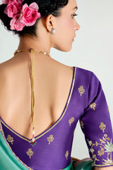 Green and Purple Organza Plain Saree with Sequin Embroidered Lace