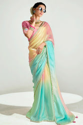 Multi Colored Organza Tissue Plain Saree with Lace Work