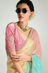 Multi Colored Organza Tissue Plain Saree with Lace Work