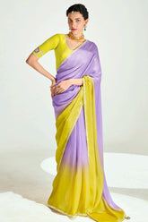 Purple and Yellow Organza Tissue Plain Saree with Lace Work