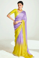 Purple and Yellow Organza Tissue Plain Saree with Lace Work