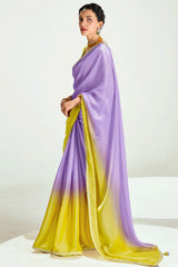 Purple and Yellow Organza Tissue Plain Saree with Lace Work
