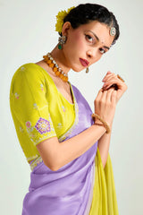 Purple and Yellow Organza Tissue Plain Saree with Lace Work