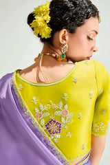 Purple and Yellow Organza Tissue Plain Saree with Lace Work