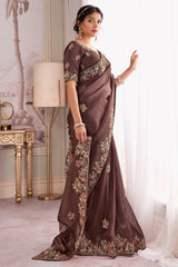 Brown Organza Glass Tissue Floral Embroidered Saree