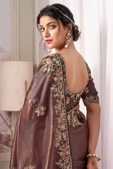 Brown Organza Glass Tissue Floral Embroidered Saree