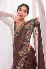Brown Organza Glass Tissue Floral Embroidered Saree