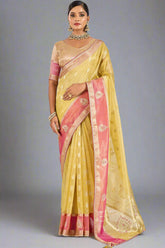 Yellow Linen Tissue Zari Weaving Saree with Contrast Border