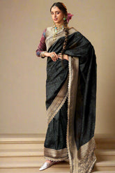Black Banarasi Semi Silk Saree with Contrast Border and Pallu