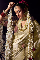 Cream Viscose Tissue All Over Woven Saree