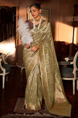 Olive Green Tissue Silk Zari Woven Saree with Paithani Border and Pallu