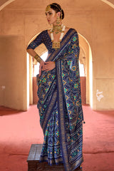 Dark Blue Art Silk Patola Print Saree